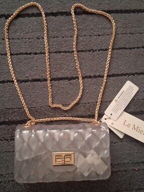 NWT Le Miel Clear Purse Adjistable Gold Chain Harware Locling Clasp